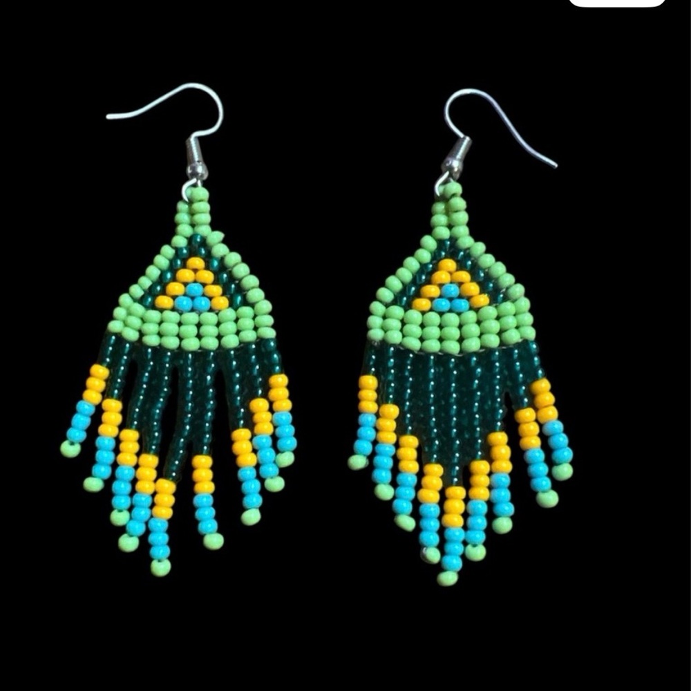 Handmade Green & Turquoise Beaded Fringe Earrings with Yellow Accent